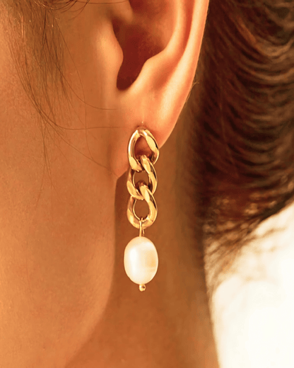 Pearl Drop Earrings with Gold Chain - MADISON PEARL DUET™