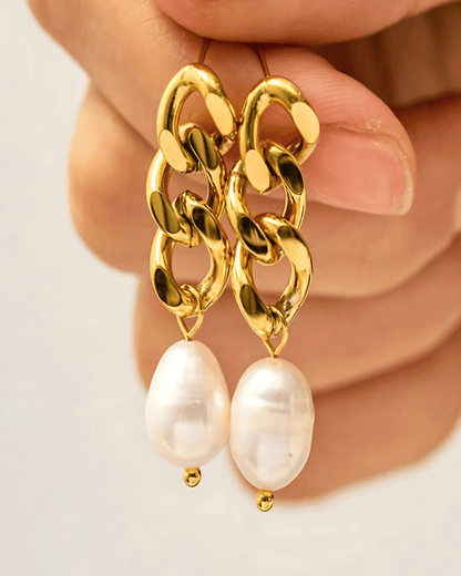 Pearl Drop Earrings with Gold Chain - MADISON PEARL DUET™