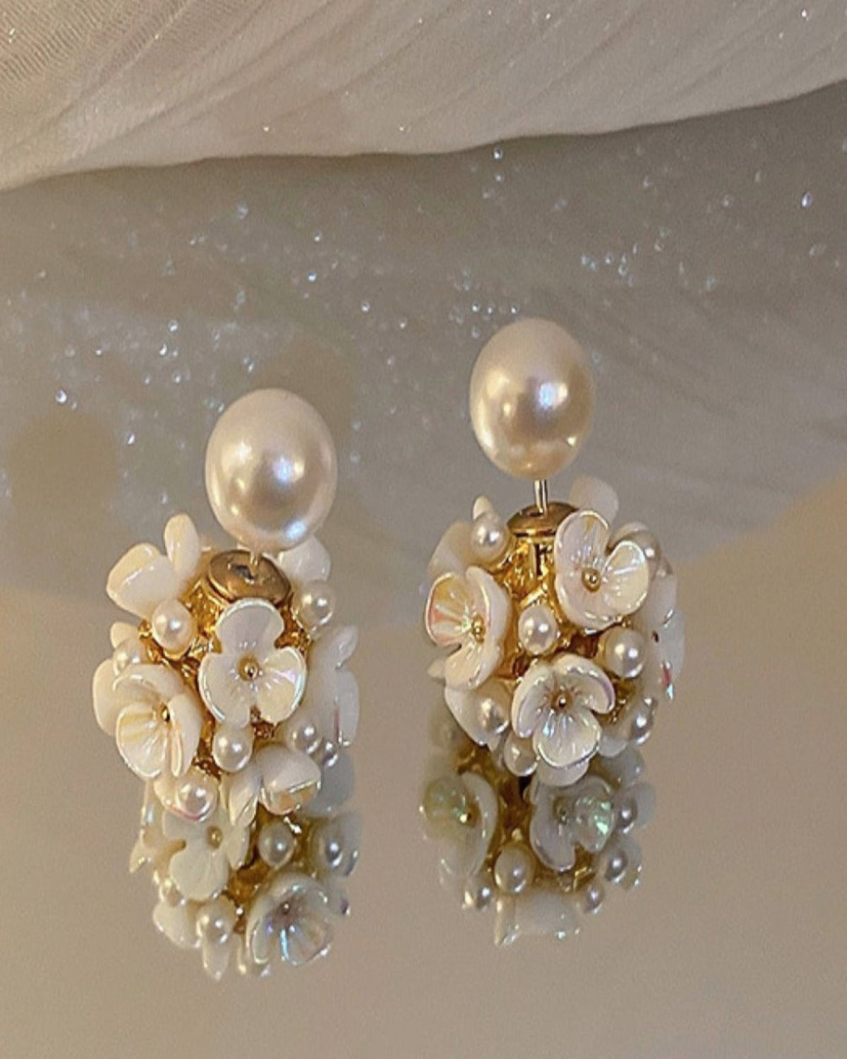 Pearl Stud Earrings - Shell Flower