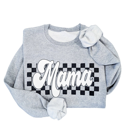 Grey Puff Paint Checkered Mama Crew