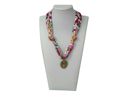 Scarf Charm Necklace - Pink Multi Flower with Mary Pendant with Turquoise