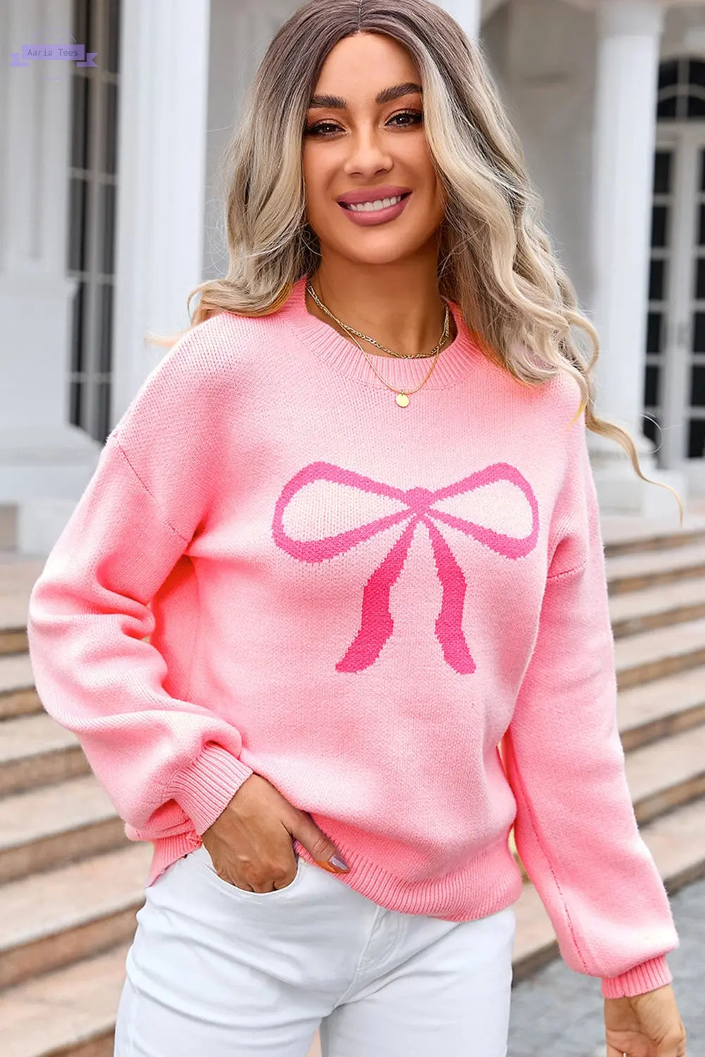 Pink Bow Graphic Drop Shoulder Round Neck Sweater Aaria Tees