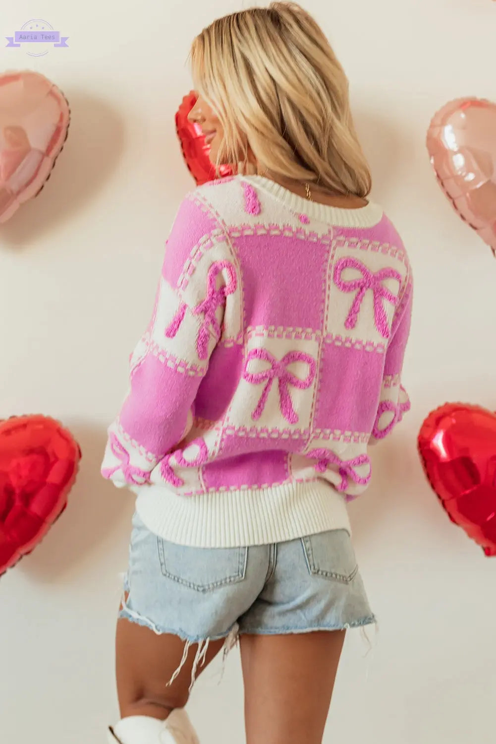 Pink Bow Knot Two Tone Checkered Crew Neck Sweater Aaria Tees