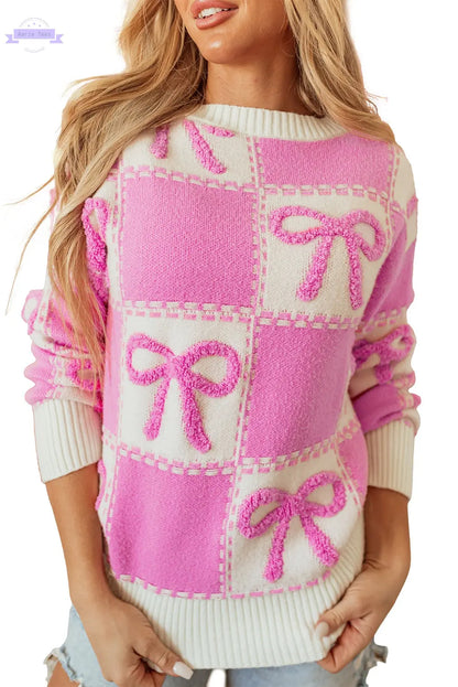 Pink Bow Knot Two Tone Checkered Crew Neck Sweater Aaria Tees