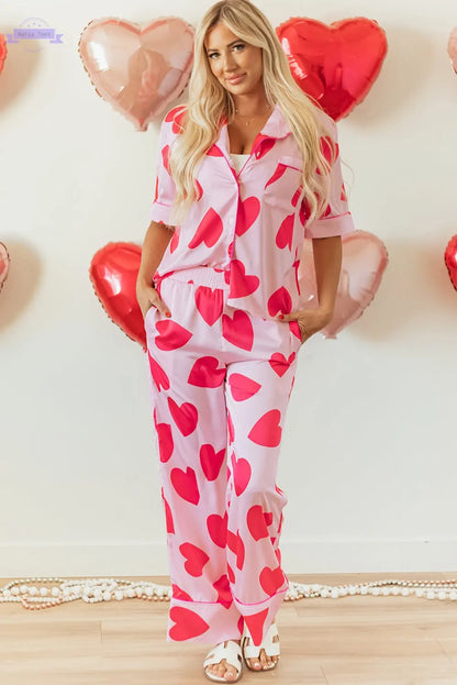 Pink Classic Heart Valentines Short Sleeve Pants Pajamas Set Aaria Tees