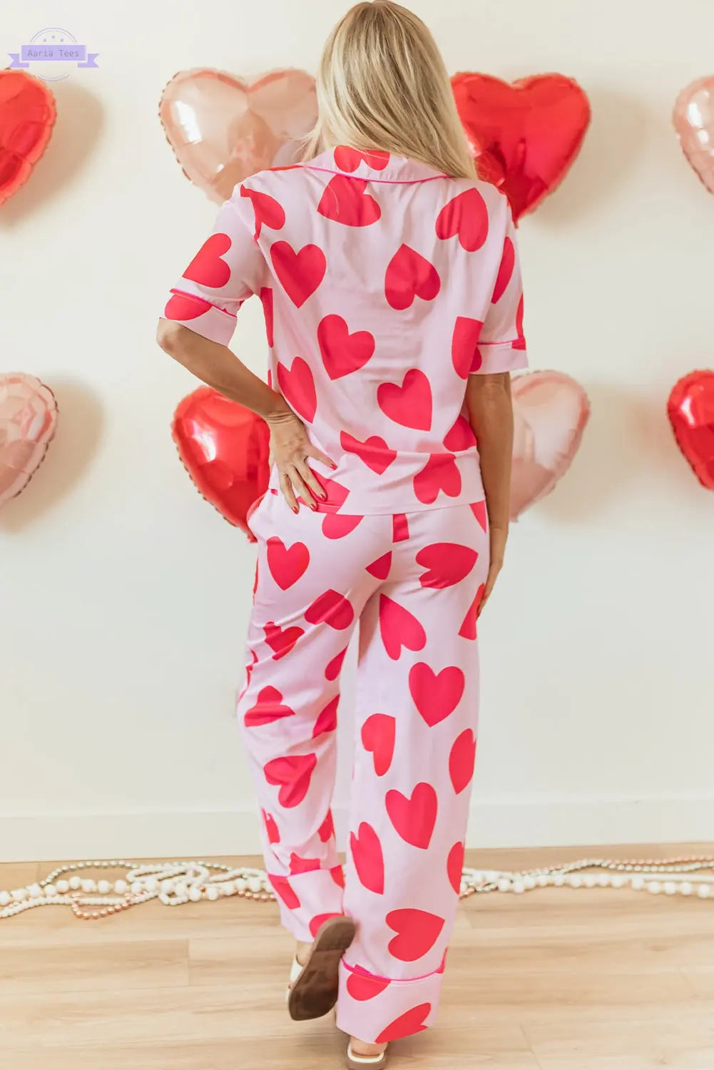 Pink Classic Heart Valentines Short Sleeve Pants Pajamas Set Aaria Tees