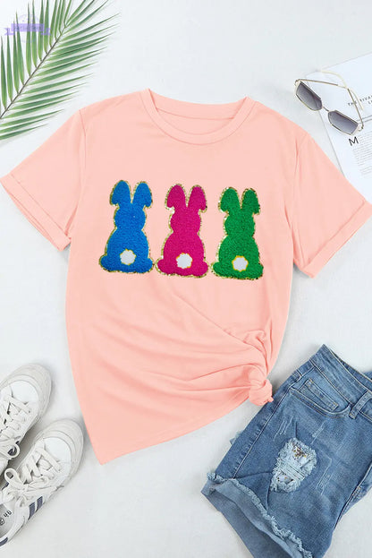 Pink Easter Bunny Chenille Patched Graphic Tee Aaria Tees