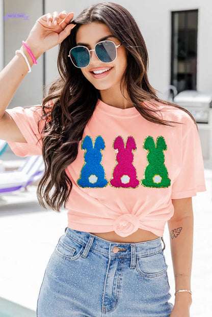 Pink Easter Bunny Chenille Patched Graphic Tee Aaria Tees