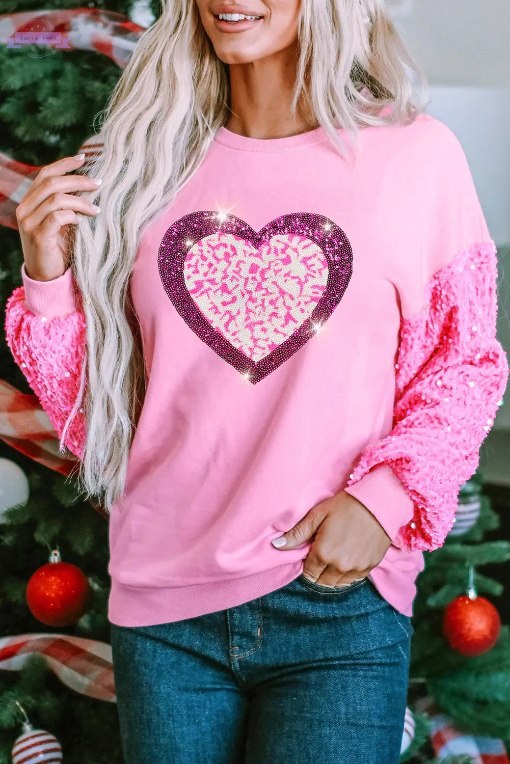 Pink Leopard Heart Graphic Sequin Patchwork Long Sleeve Valentines Top Aaria Tees