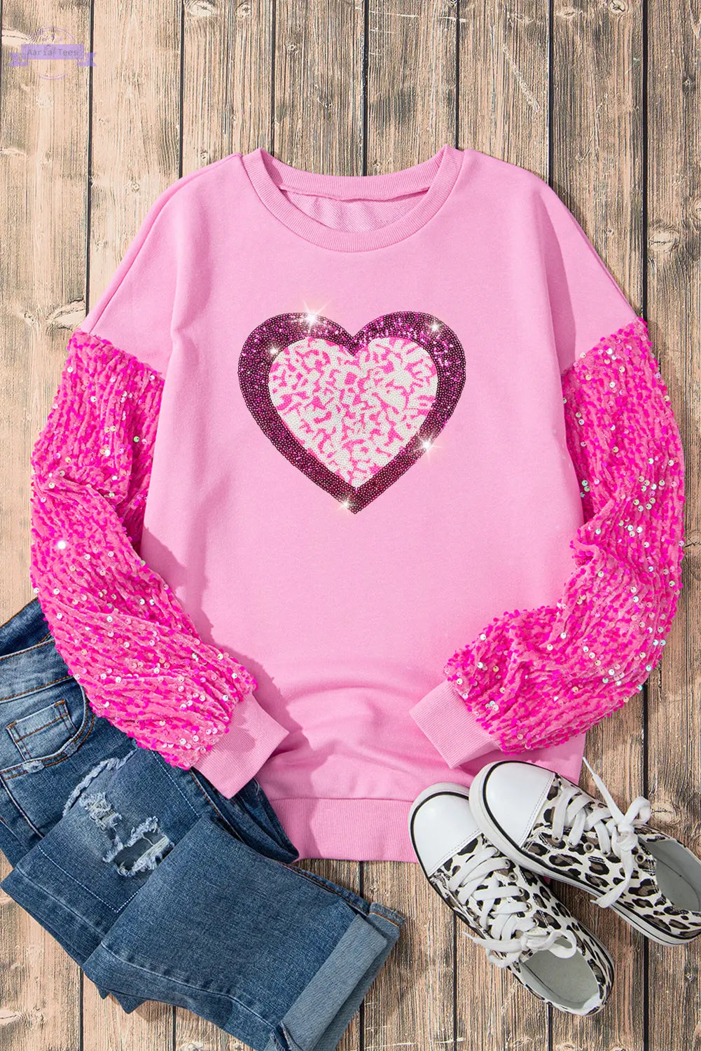 Pink Leopard Heart Graphic Sequin Patchwork Long Sleeve Valentines Top Aaria Tees