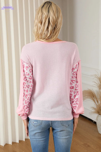 Pink Leopard Patchwork Exposed Seam Waffle Knit Top Aaria Tees
