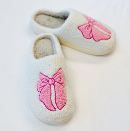 Pink Lounge Bow Cozy Slippers - Aaria Tees