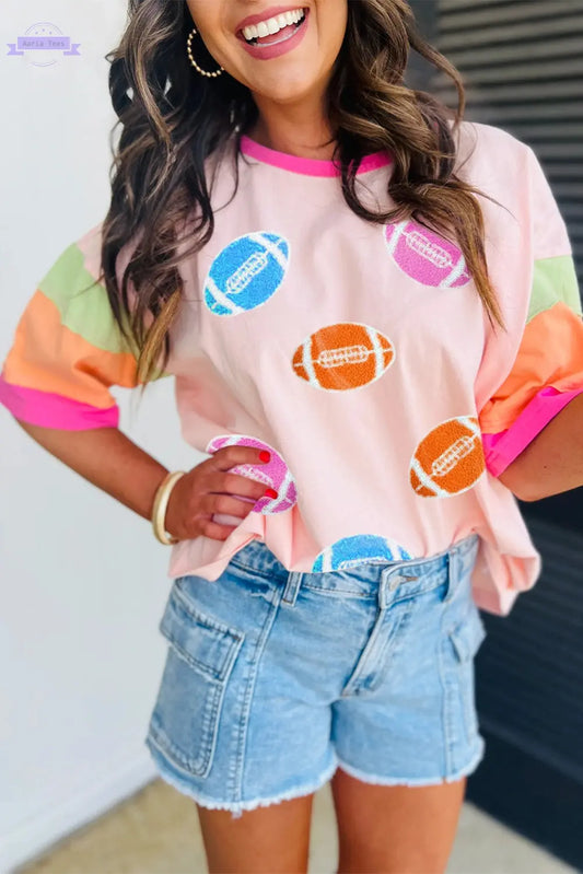 Pink Rugby Chenille Embroidered Color Block Half Sleeve T Shirt - Aaria Tees