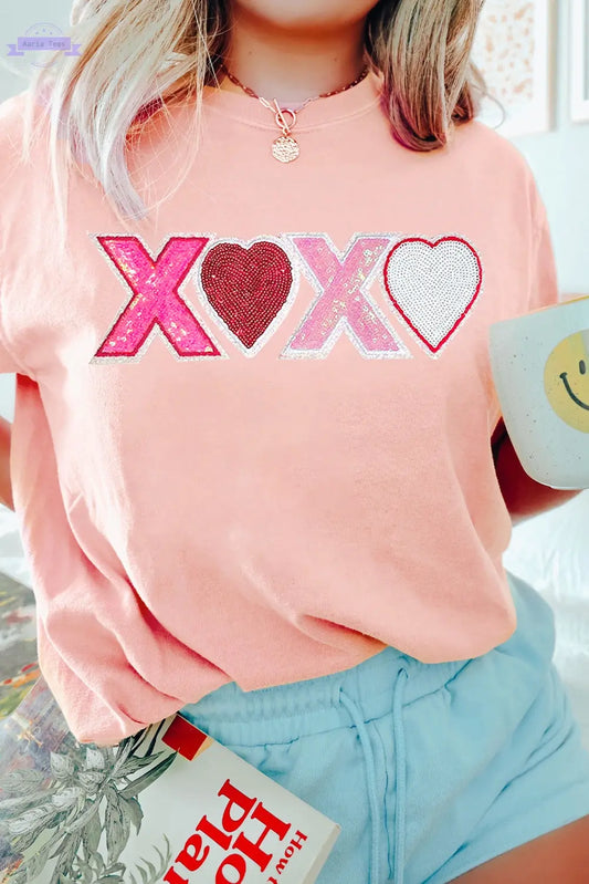 Pink Sequin Heart XOXO Patched Graphic Valentines T Shirt Aaria Tees