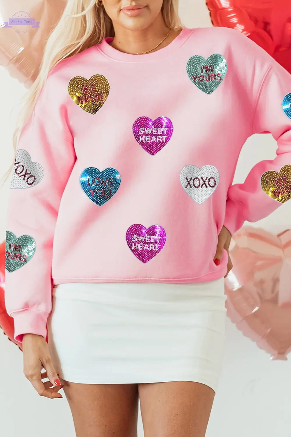 Pink Sequin Romantic Letters Heart Graphic Valentines Sweatshirt Aaria Tees