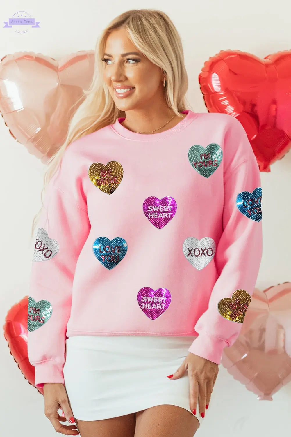 Pink Sequin Romantic Letters Heart Graphic Valentines Sweatshirt Aaria Tees