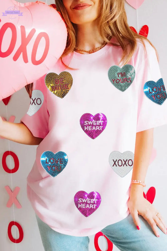 Pink Sequin Valentines Lettering Heart Patched Crewneck T Shirt Aaria Tees