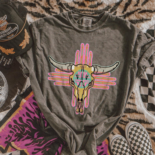 Pink Western Aztec Cowskull Comfort Colors Graphic Tee - Aaria Tees
