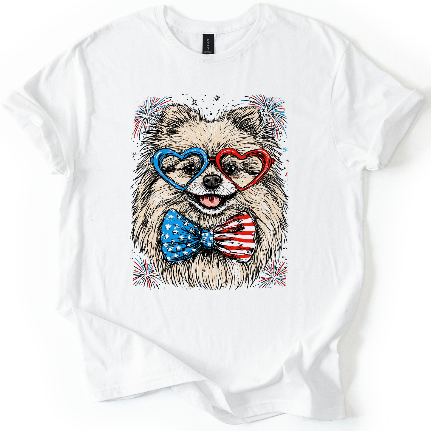 Pomeranian Patriotic Dog, USA, America, Pet Lover, 4th of July, Soft Style T-Shirt