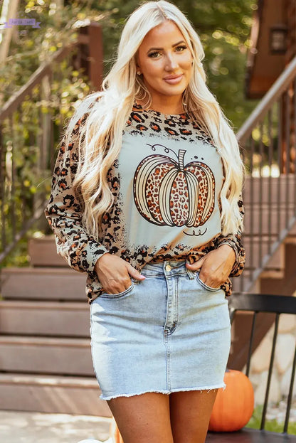 Pumpkin Graphic Leopard Round Neck Long Sleeve Sweatshirt Trendsi