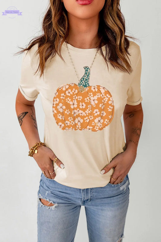 Pumpkin Graphic Round Neck Cuffed T-Shirt Trendsi