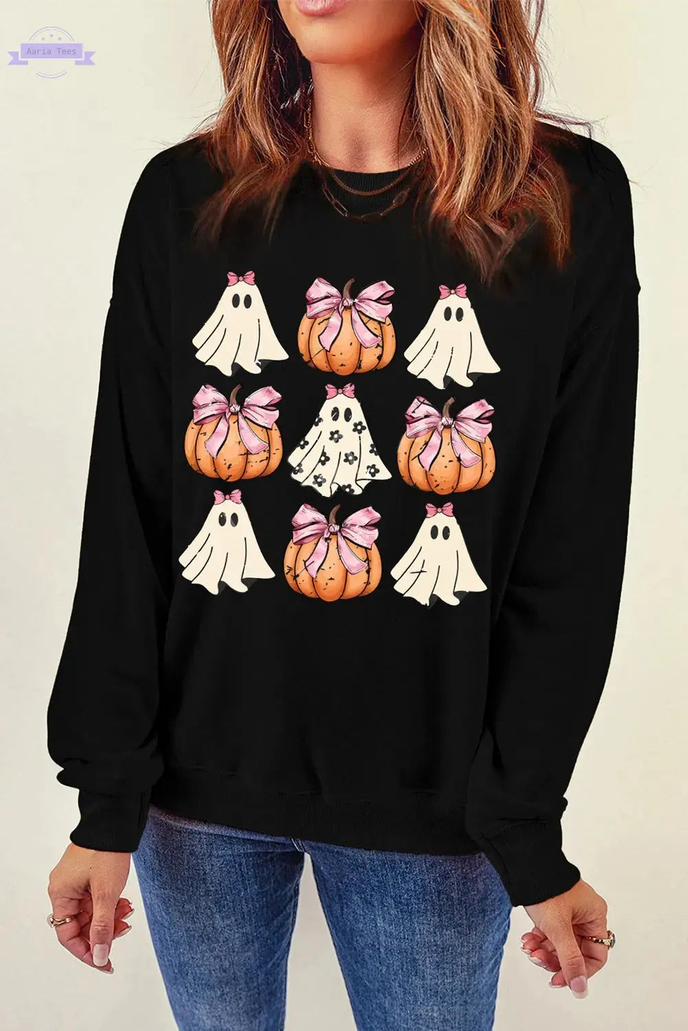 Pumpkin & Ghost Round Neck Long Sleeve Sweatshirt Trendsi Aaria Tees