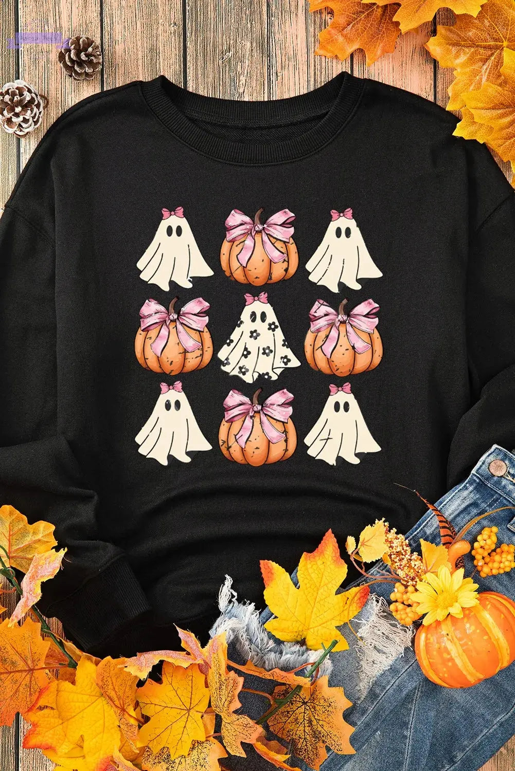 Pumpkin & Ghost Round Neck Long Sleeve Sweatshirt Trendsi Aaria Tees