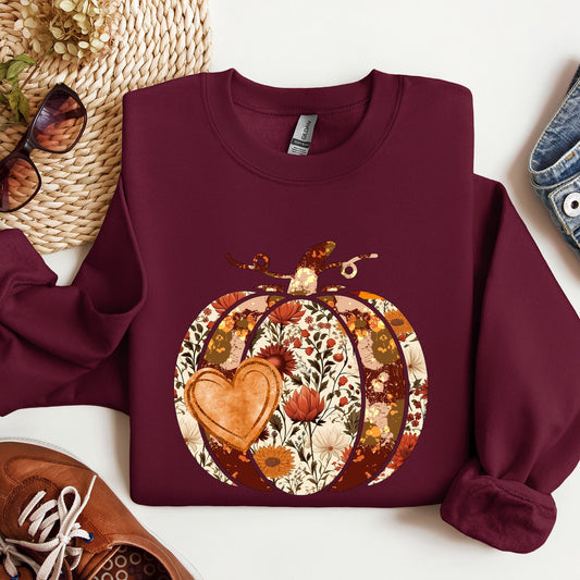 Pumpkin, Heart, Love, Thanksgiving, Fall, Autumn, Halloween, Flower, Floral Sweatshirt