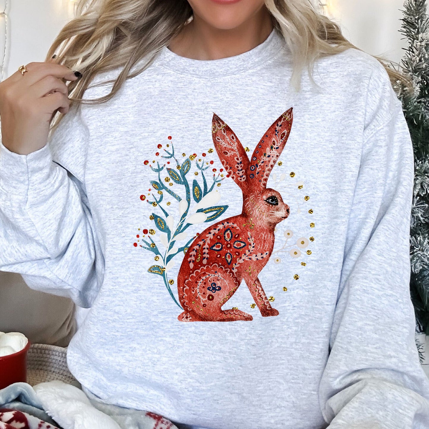 Rabbit, Folk Art, Scandinavian, Winter, Christmas Sweatshirt