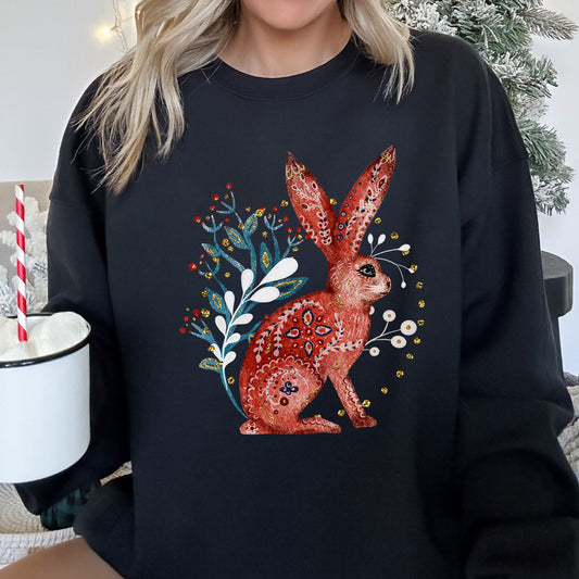 Rabbit, Folk Art, Scandinavian, Winter, Christmas Sweatshirt