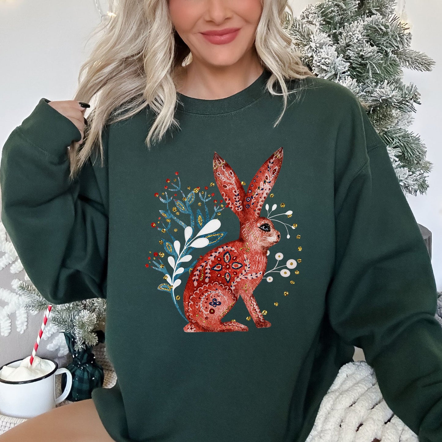 Rabbit, Folk Art, Scandinavian, Winter, Christmas Sweatshirt