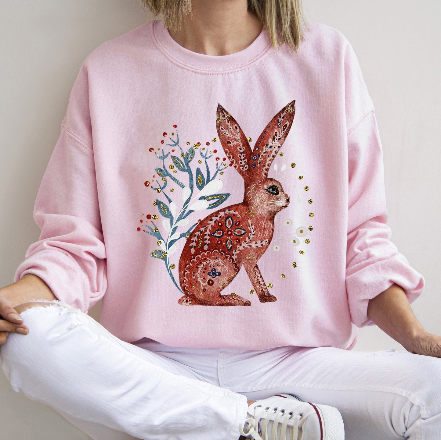 Rabbit, Folk Art, Scandinavian, Winter, Christmas Sweatshirt