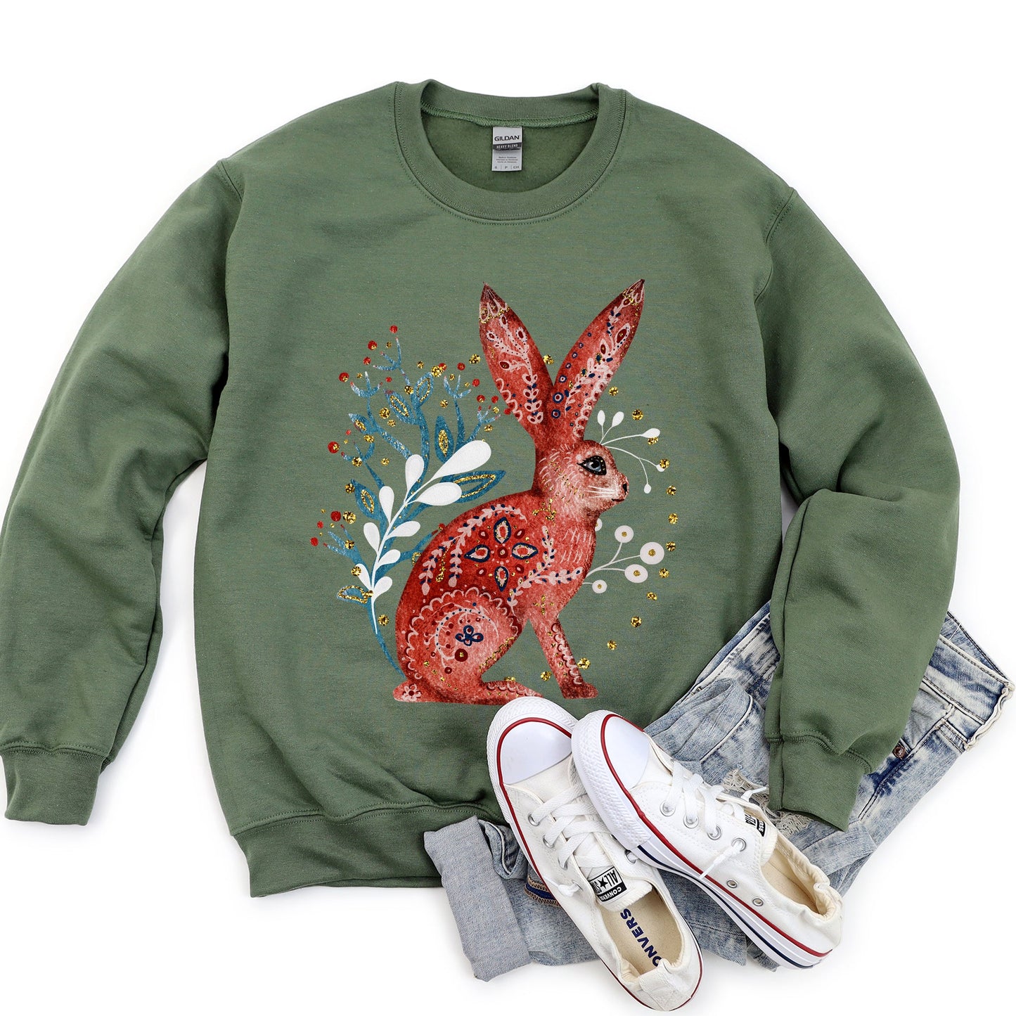 Rabbit, Folk Art, Scandinavian, Winter, Christmas Sweatshirt