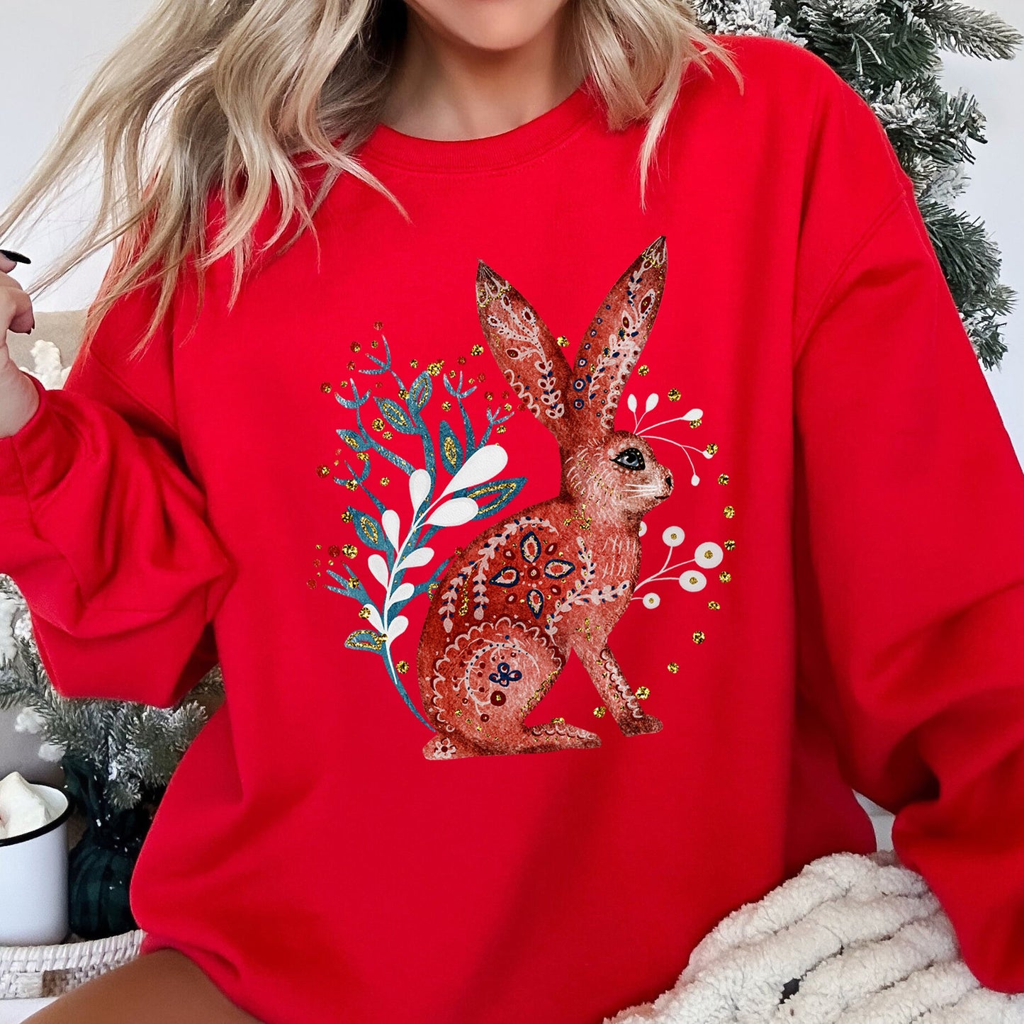 Rabbit, Folk Art, Scandinavian, Winter, Christmas Sweatshirt