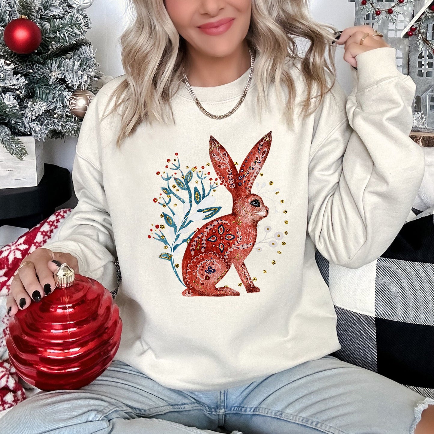 Rabbit, Folk Art, Scandinavian, Winter, Christmas Sweatshirt