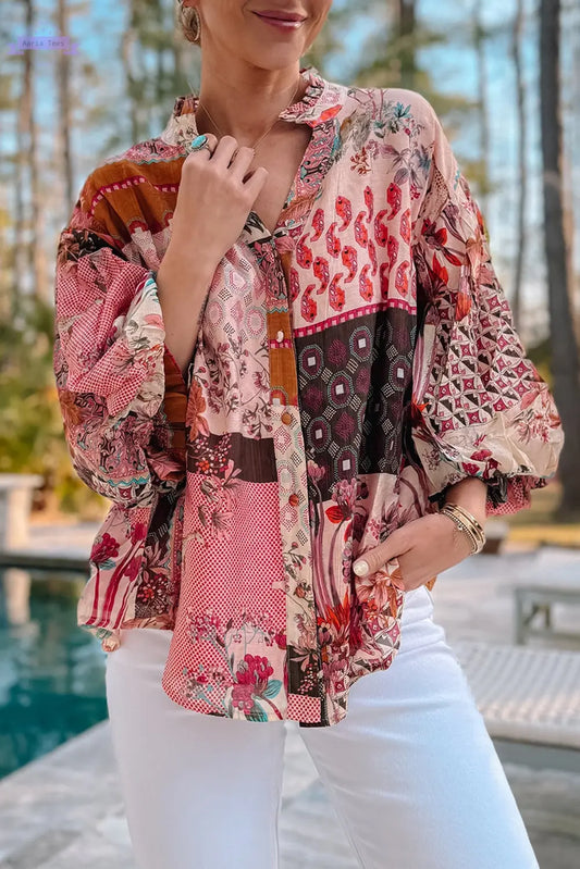 Red Boho Geometric Mixed Print Patchwork Bubble Sleeve Shirt Aaria Tees