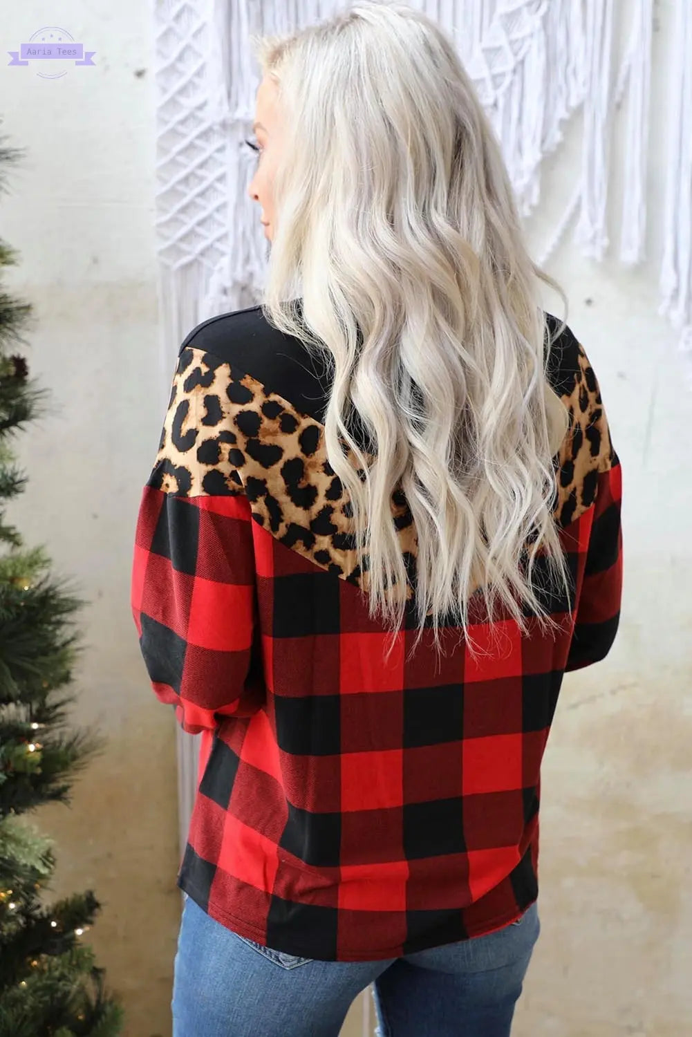 Red Chevron Plaid Leopard Patchwork Turtleneck Sweatshirt Aaria Tees