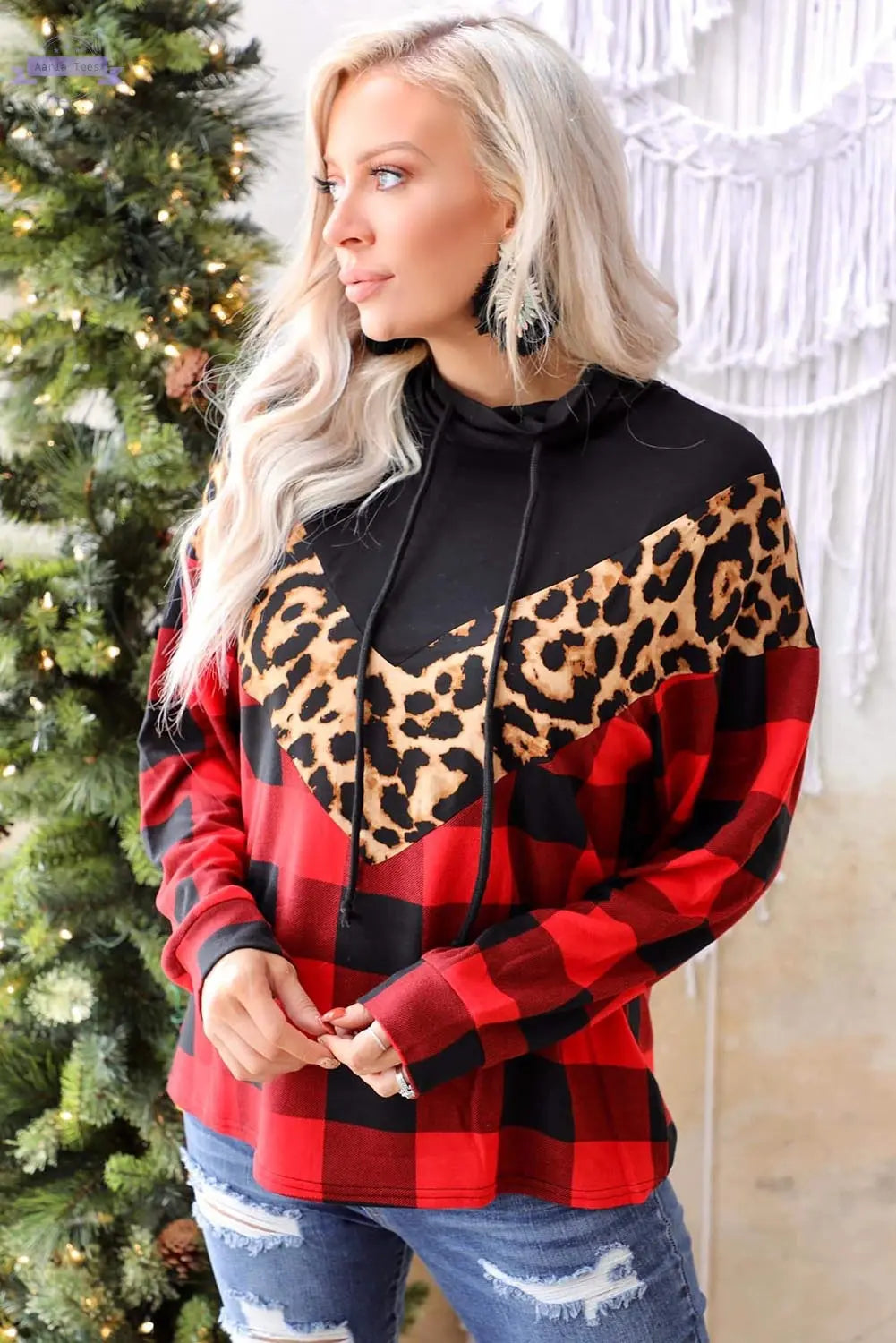 Red Chevron Plaid Leopard Patchwork Turtleneck Sweatshirt Aaria Tees