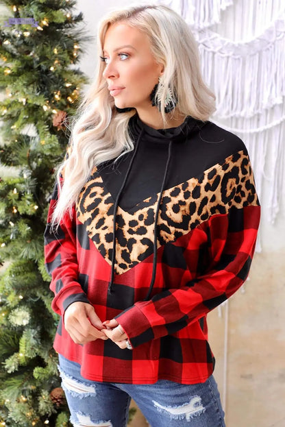 Red Chevron Plaid Leopard Patchwork Turtleneck Sweatshirt Aaria Tees