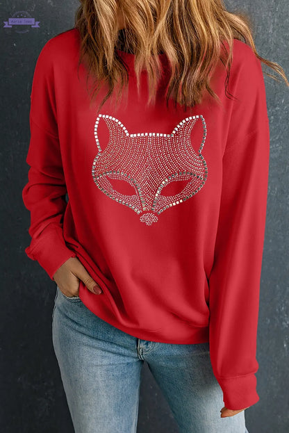 Red Rhinestone Fox Drop Shoulder Pullover Sweatshirt - Aaria Tees