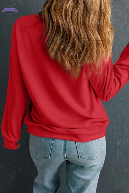 Red Rhinestone Fox Drop Shoulder Pullover Sweatshirt - Aaria Tees