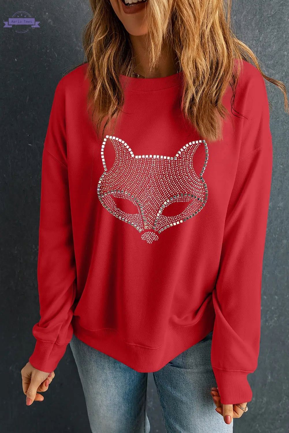 Red Rhinestone Fox Drop Shoulder Pullover Sweatshirt - Aaria Tees