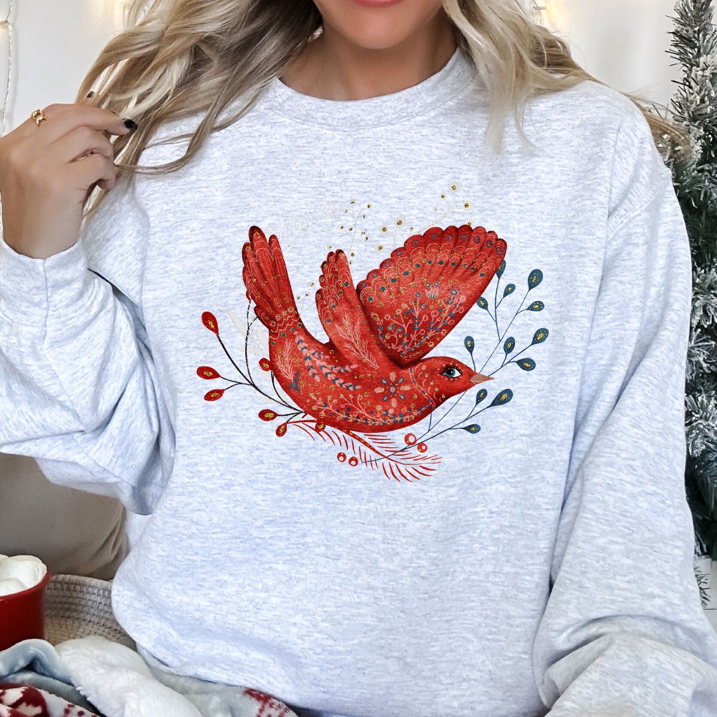 Red Bird, Folk Art, Scandinavian, Winter, Christmas Sweatshirt