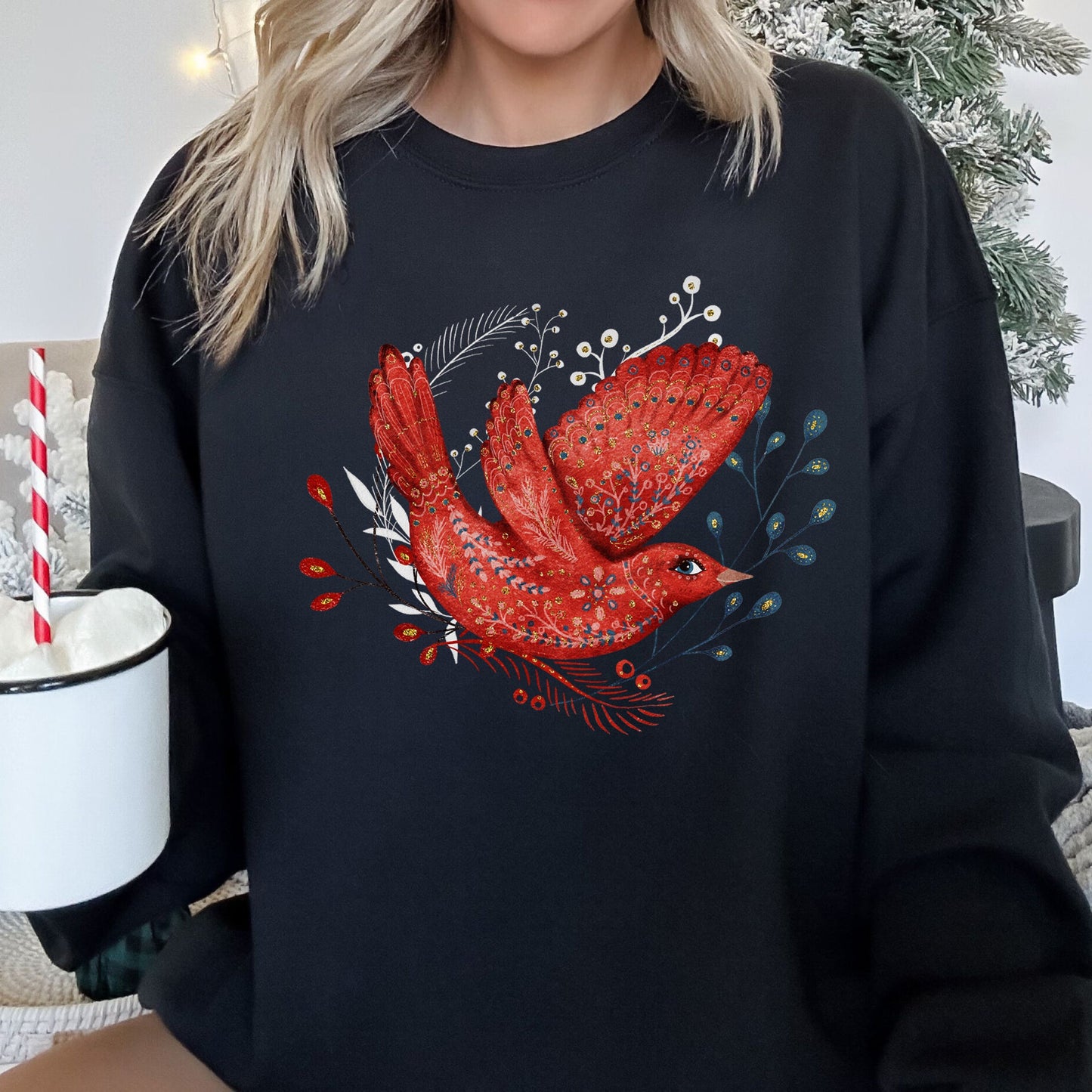 Red Bird, Folk Art, Scandinavian, Winter, Christmas Sweatshirt