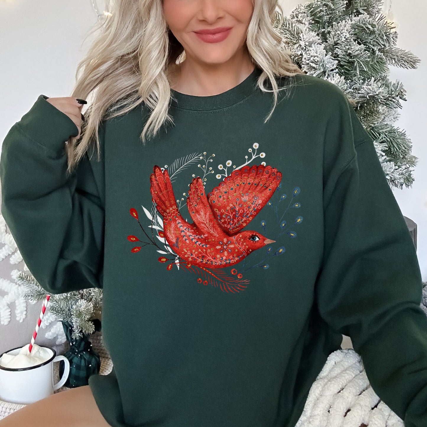 Red Bird, Folk Art, Scandinavian, Winter, Christmas Sweatshirt
