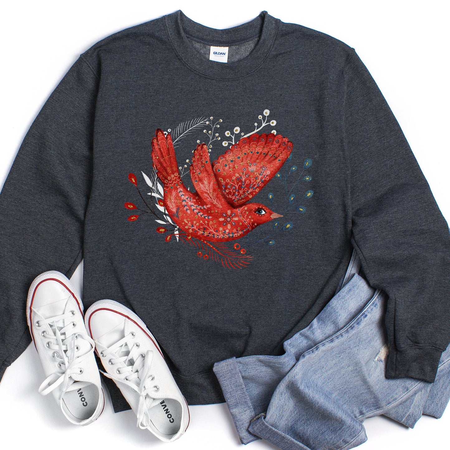 Red Bird, Folk Art, Scandinavian, Winter, Christmas Sweatshirt