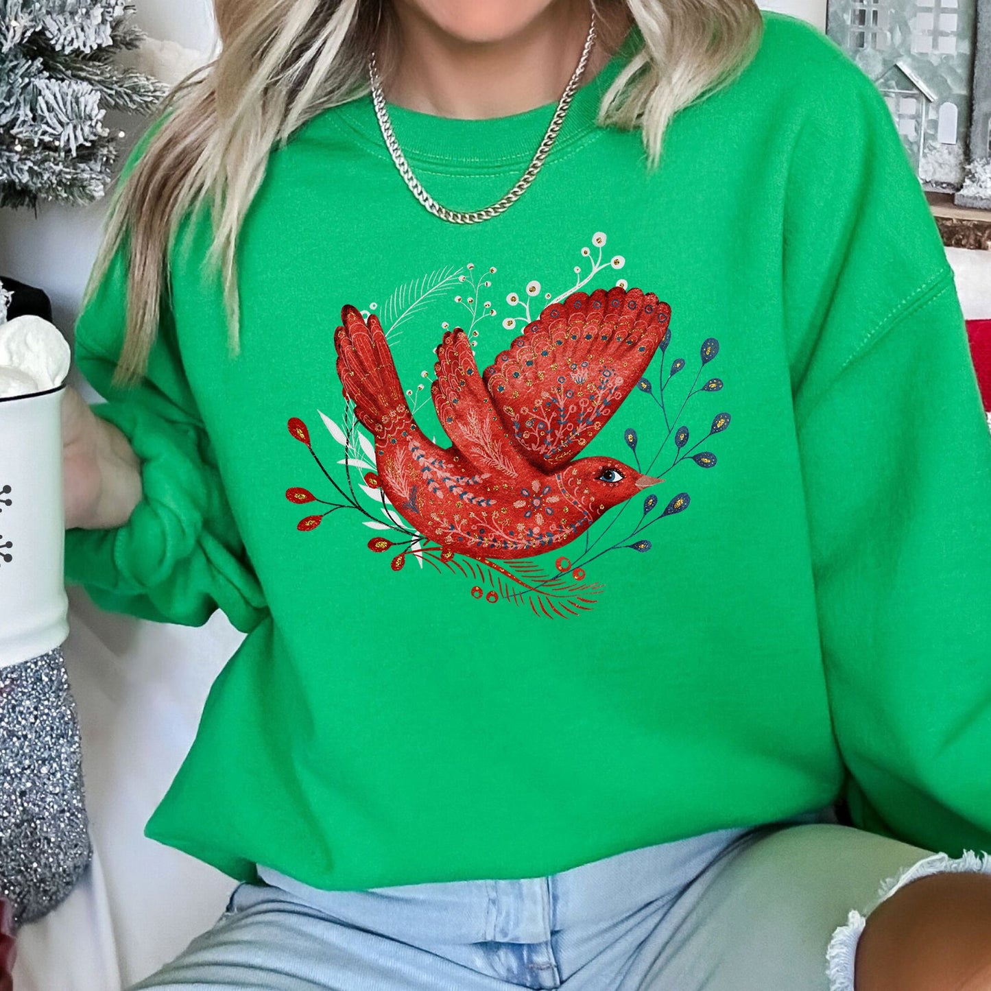 Red Bird, Folk Art, Scandinavian, Winter, Christmas Sweatshirt