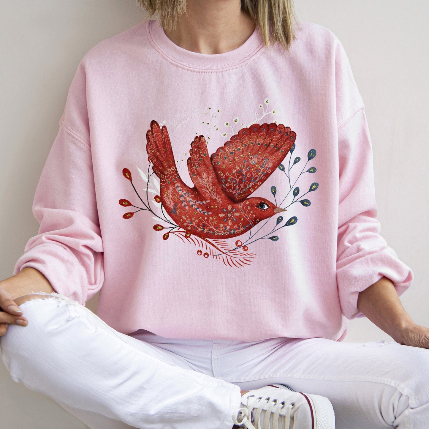 Red Bird, Folk Art, Scandinavian, Winter, Christmas Sweatshirt