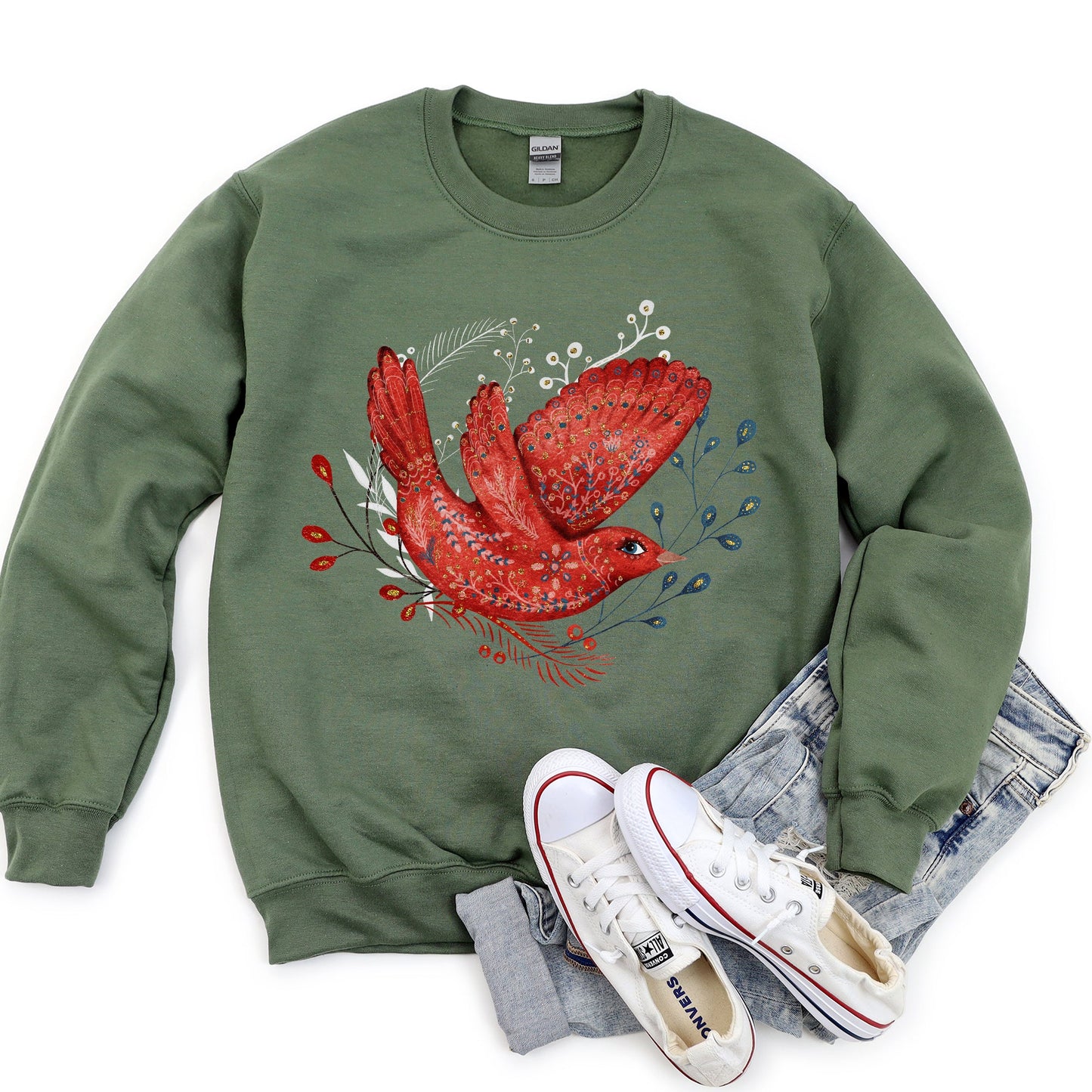 Red Bird, Folk Art, Scandinavian, Winter, Christmas Sweatshirt