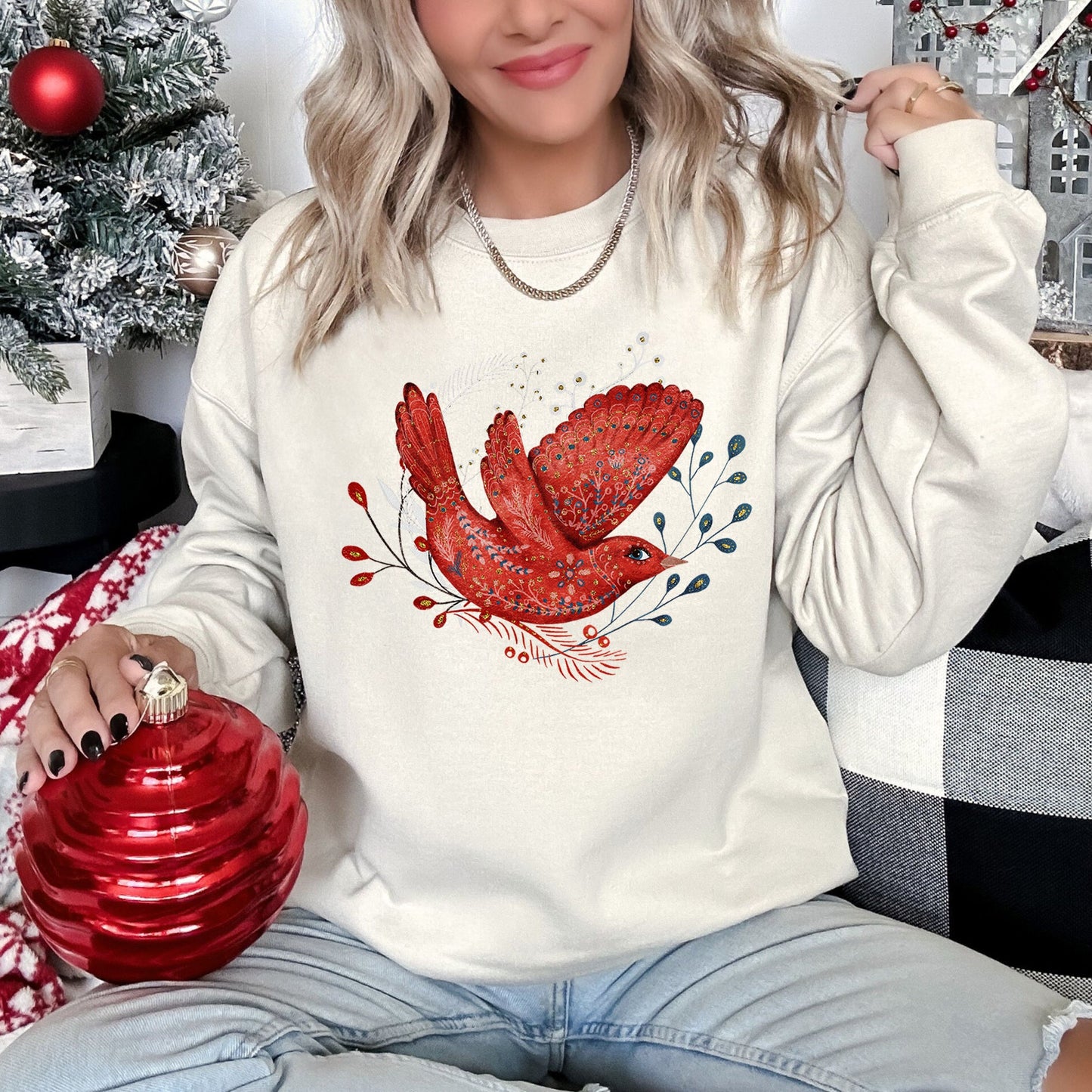 Red Bird, Folk Art, Scandinavian, Winter, Christmas Sweatshirt